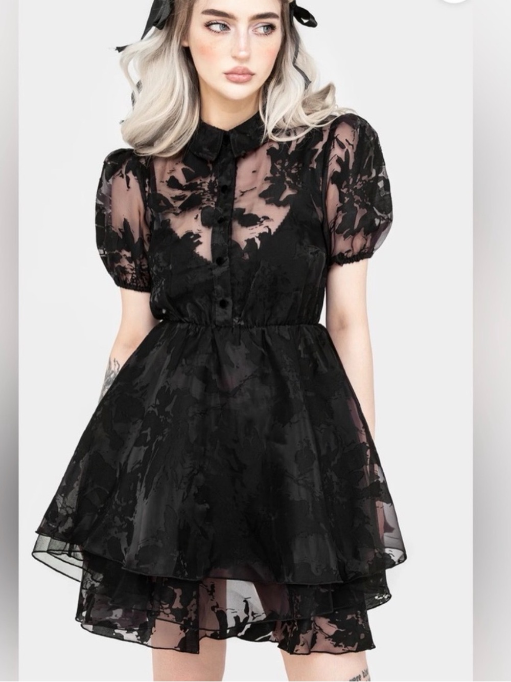 Disturbia Spectre Layered Mini Shirt Dress 8 black sheer lace cottagegoth tulle